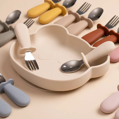 2PCS Baby Tableware Set – Stainless Steel Food Feeding Spoon & Fork, Silicone Handle Utensils for Infants & Toddlers, BPA-Free Cutlery Set