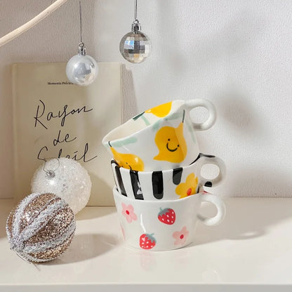 300ml (10 fl oz) Hand-Pinched Irregular Ceramic Mug – Cute Strawberry & Flower Coffee Cup, 10.3×6.2 cm (4.06×2.44 in) Gift for Kids & Girls