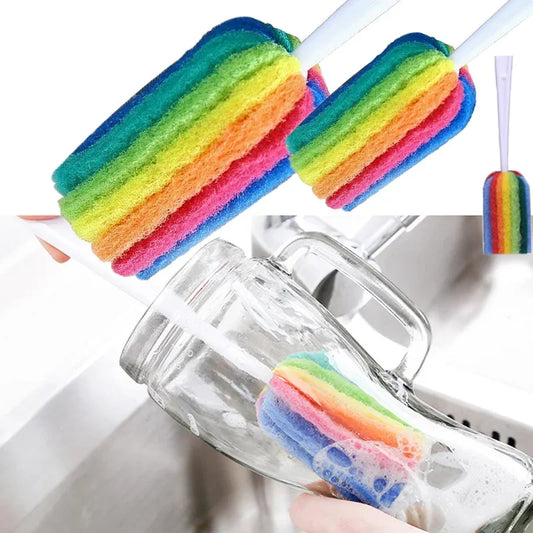 Long Handle Sponge Brush – Washing Dishes, Tea & Coffee Glass Cup, Bottle Cleaning Tool, Rainbow Scouring Cloth Brush