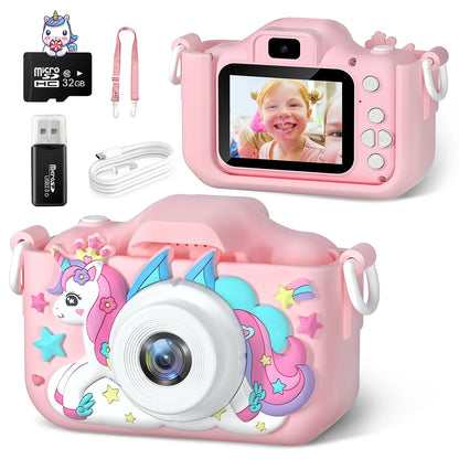 Cute Cat Kids Camera with Dual Lenses, 32GB Card, Silicone Case, HD Video Toy Gift