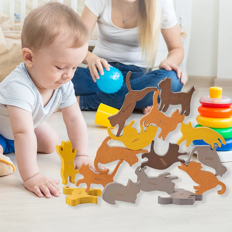 Montessori Stacking Blocks – Wooden Cat Balancing Game, Educational Puzzle Toy for Children, Home Decoration Desktop Toy