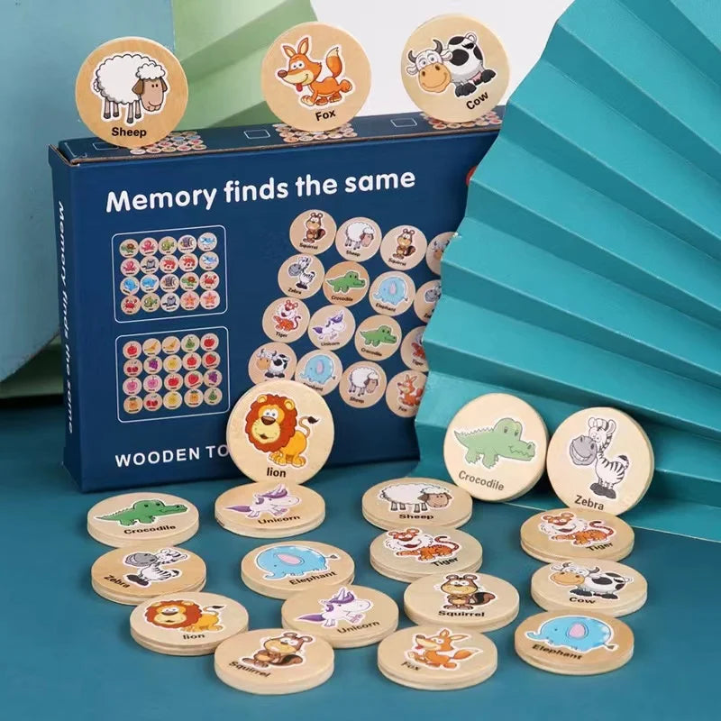 Children’s Educational Wooden Memory Game – Animal and Fruit Cognitive Memory Chess Toy for Focus Training and Learning
