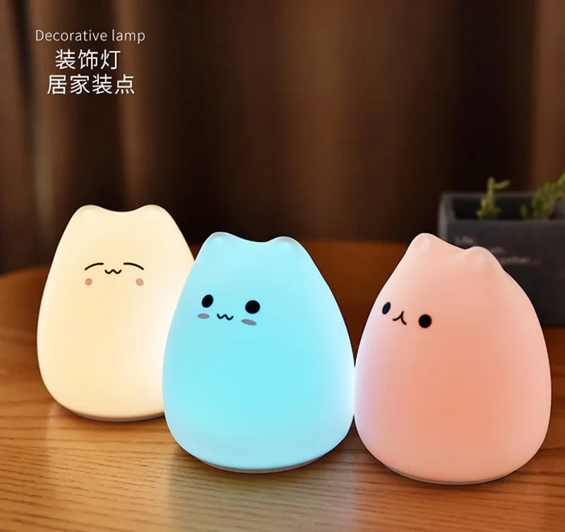 Colorful LED Night Light Cute Cat Silicone Soft Breathing Cartoon Nursery Lamp for Kids Gift
