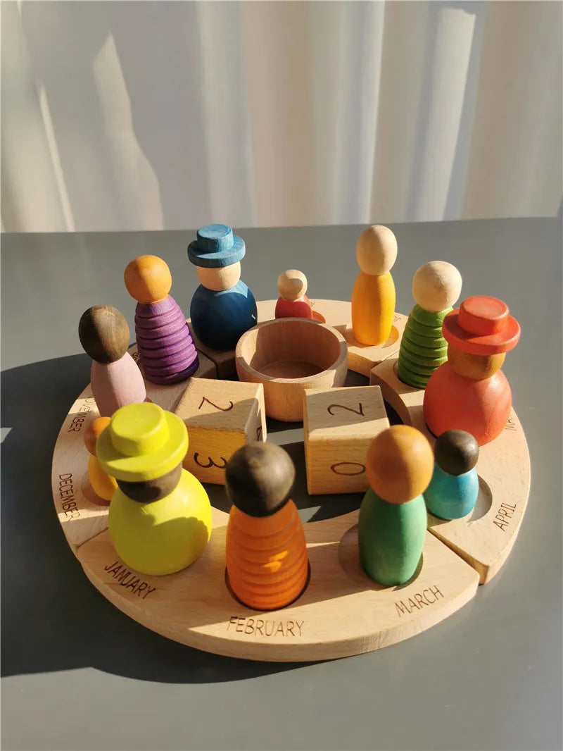 Wooden Beech Rainbow Calendar & Peg Dolls – Stacking Blocks and Wizard Figurines Toy for Kids