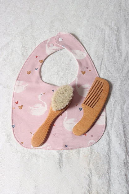 Baby Comb Brush Set - Newborn Gift Set with Natural Wool Beech Wooden Comb, Baby Bib, Pacifier Clip, and Hair Brush