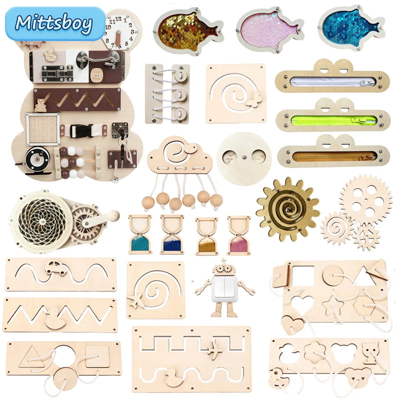 Baby Montessori Wooden Busy Board – Animal, Guinea Pig, Dinosaur, Clock, and Pattern Pairing Educational Toy for Children Gift