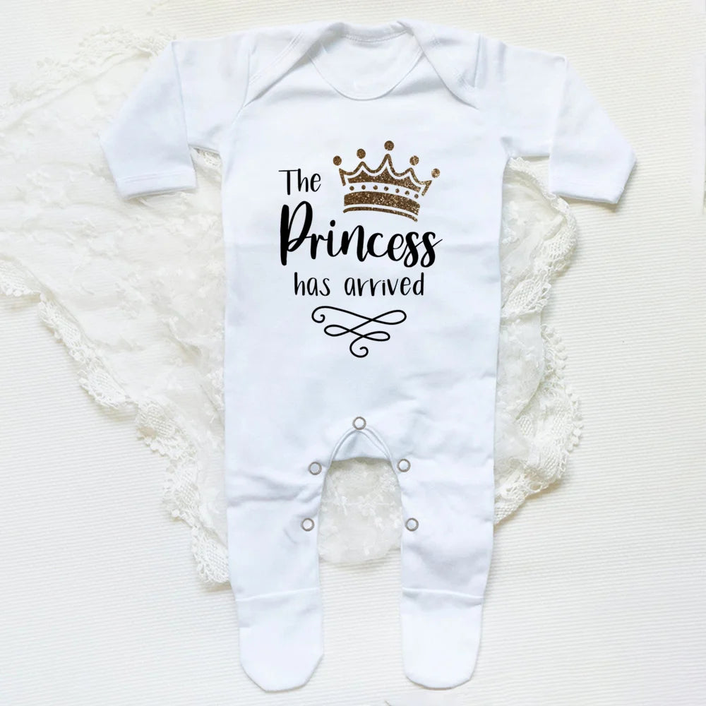 The Princess Has Arrived Print Baby Babygrow Sleepsuit – Newborn Coming Home Vest Bodysuit, Hospital Clothes, Infant Shower Gift