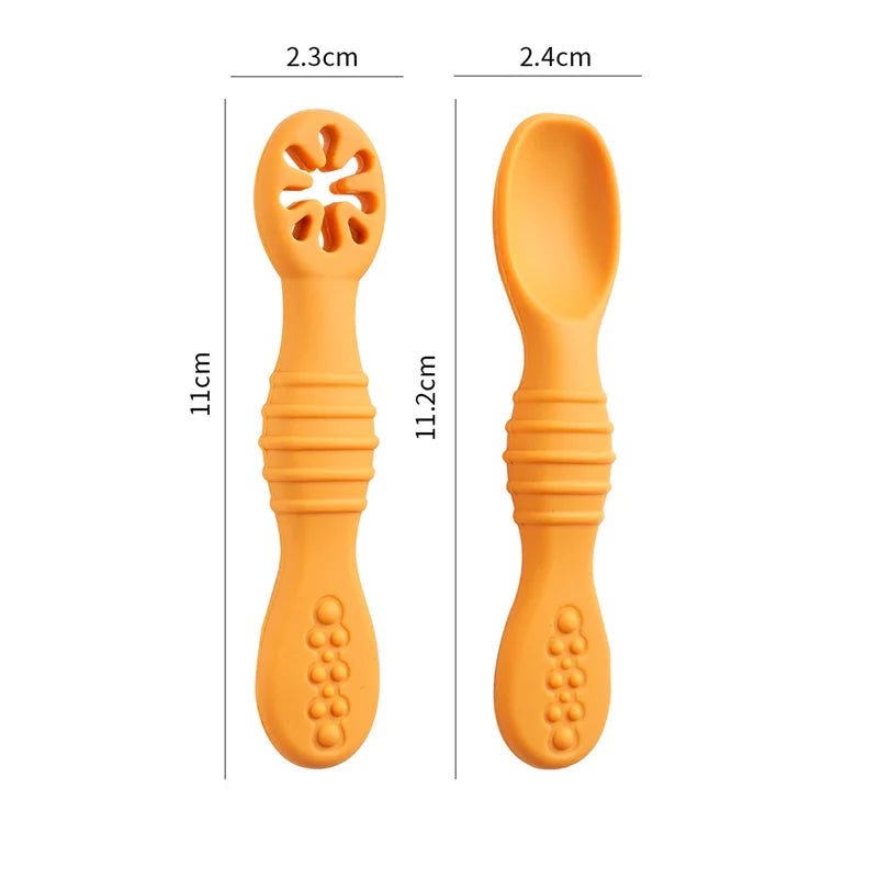 2PCS Baby Learning Spoons Set - Silicone Toddler Liquid Food Spoon & Fork Utensils, Soft Scoop Weaning Cutlery, Baby Feeding Tableware