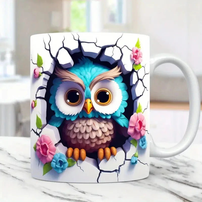 3D Owl Coffee Mug Wrap – 11 oz (350 ml) Ceramic Sublimation Tea & Milk Cup, Surprise Gift for Kids