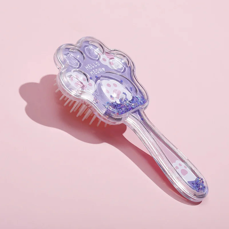 1 Piece Transparent Cartoon Kids Hair Brush – Glitter Cat Paw Massage Cushion Comb for Girls, Children's Hair Care Tool