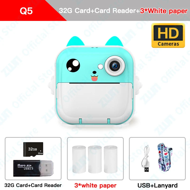 Children's 1080P HD Digital Camera with Instant Thermal Print, Photo and Video, Includes TF Memory Card
