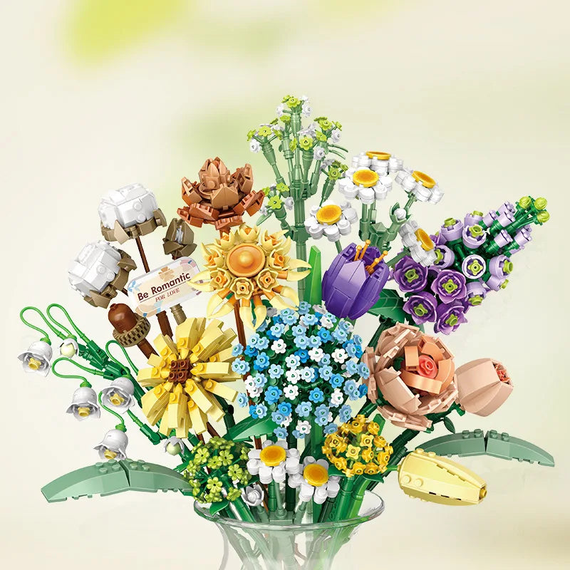 Romantic Roses, Sunflowers, and Daffodils Building Blocks – Classic Mini Bricks Garden House Model Kit for Kids