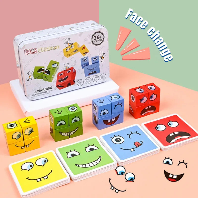 Cube Face Change Building Blocks – Wooden Expression Puzzle Board Game, Montessori Toy for Kids, Gift for Children