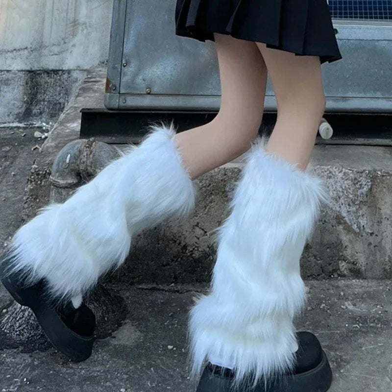 Japanese White Faux Fur Leg Warmers - Boot Covers | Y2K Goth Solid Leg Socks | Punk JK Knee-Length Hiphop Hotgirl Fashion Warm Socks