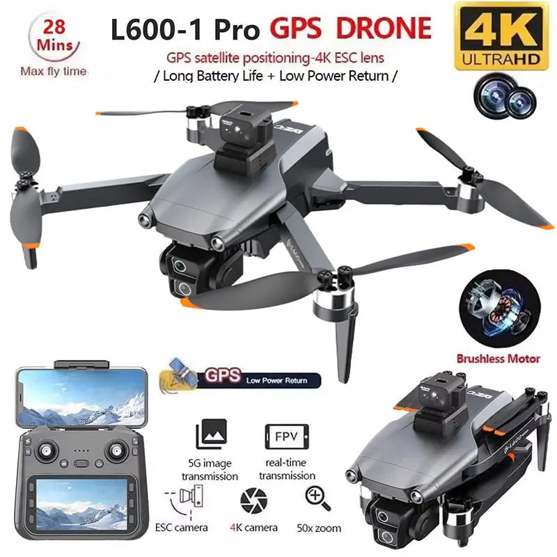 L600-1 Pro Max GPS Drone 4K HD Dual Camera with Screen 5G WiFi 360° Obstacle Avoidance Brushless RC Quadcopter