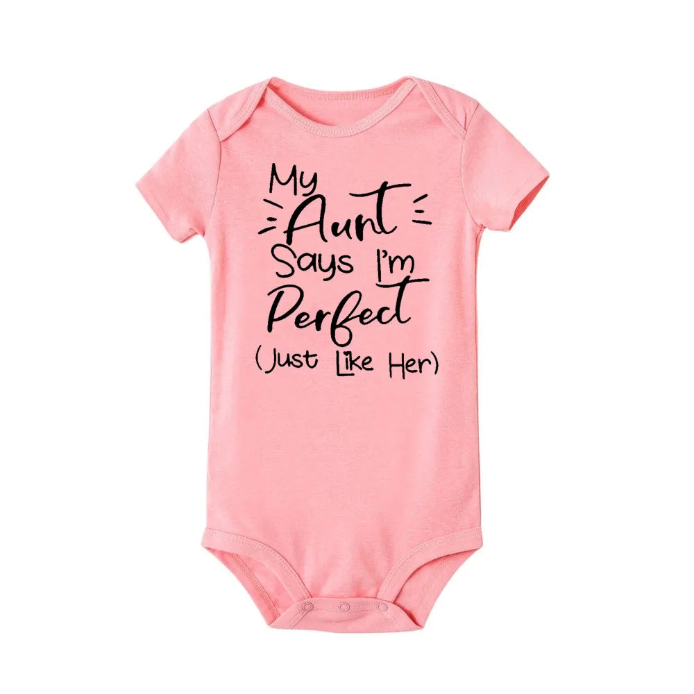 “My Aunt Says I’m Perfect” Letter Printed Infant Toddler Jumpsuit – Summer Newborn Bodysuit – Funny Auntie Baby Clothes – Baby Shower Gifts