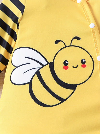 Girls' Cute Cartoon Little Bee Striped Onesie – Long Sleeve Romper with Hat (Spring/Autumn Outdoor Wear)