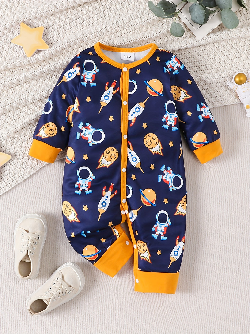 Adorable Cartoon Planet Long-Sleeve Romper for Baby Boys – Comfy Polyester Blend, Full Print (Spring/Fall, Outdoor Wear)