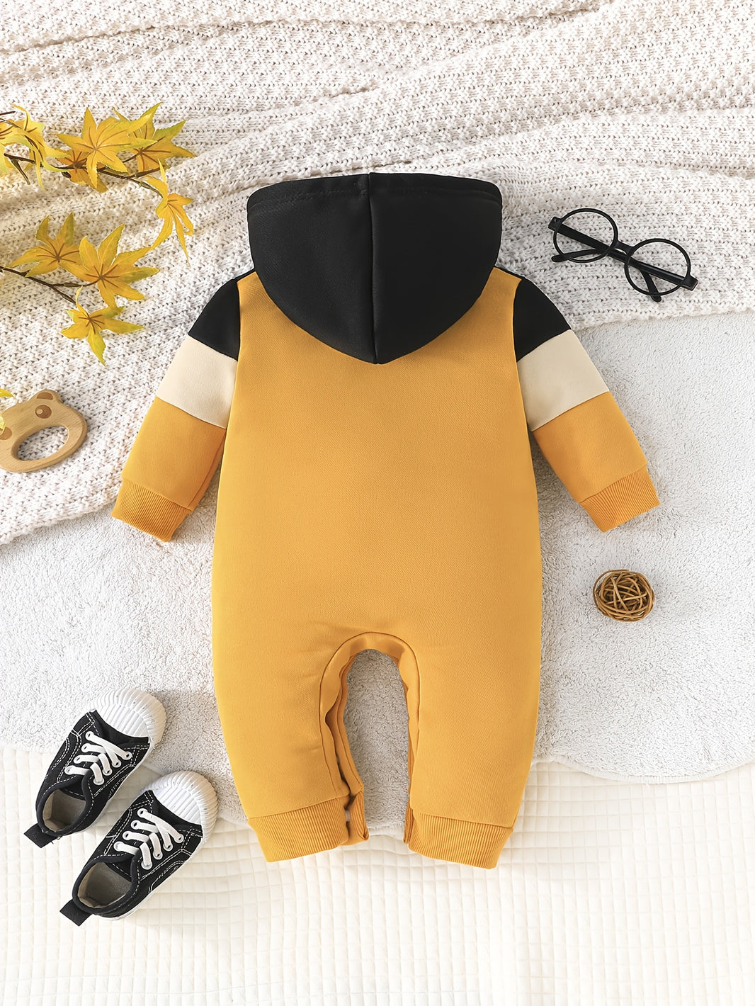 Baby Boys' Casual Hooded Long Sleeve Romper – Alphabet Print, Polyester Knit Fabric (Spring/Fall, Regular Fit, Outdoor Wear)