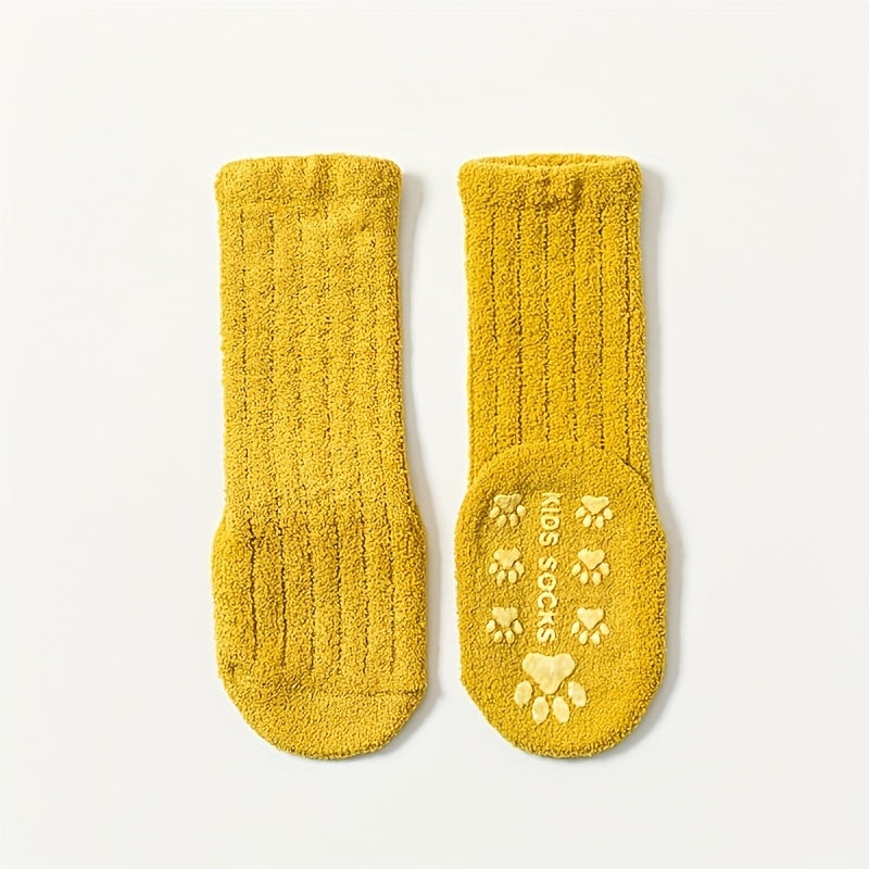 5 Pcs Cozy Coral Fleece Youngsters Socks - Warm, Thick Winter High Socks with Non-Slip Dots | Machine Washable in Vibrant Colors (Pink, Blue, Yellow, Orange, Brown) | Cute Paw Print Design for Youngsters