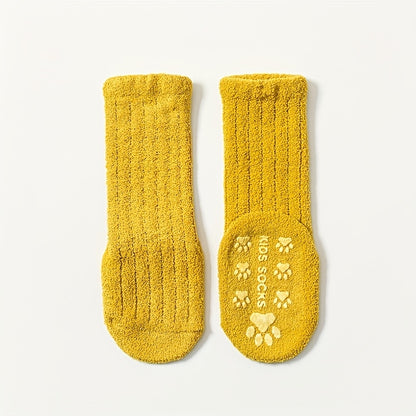 5 Pcs Cozy Coral Fleece Youngsters Socks - Warm, Thick Winter High Socks with Non-Slip Dots | Machine Washable in Vibrant Colors (Pink, Blue, Yellow, Orange, Brown) | Cute Paw Print Design for Youngsters