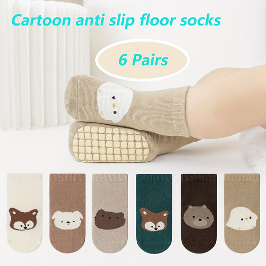 6 Pairs of Kid's Cotton Blend Fashion Cute Pattern Non-Slip Crew Socks | Comfy & Breathable Soft & Elastic Floor Socks for Indoor Wear | All Seasons