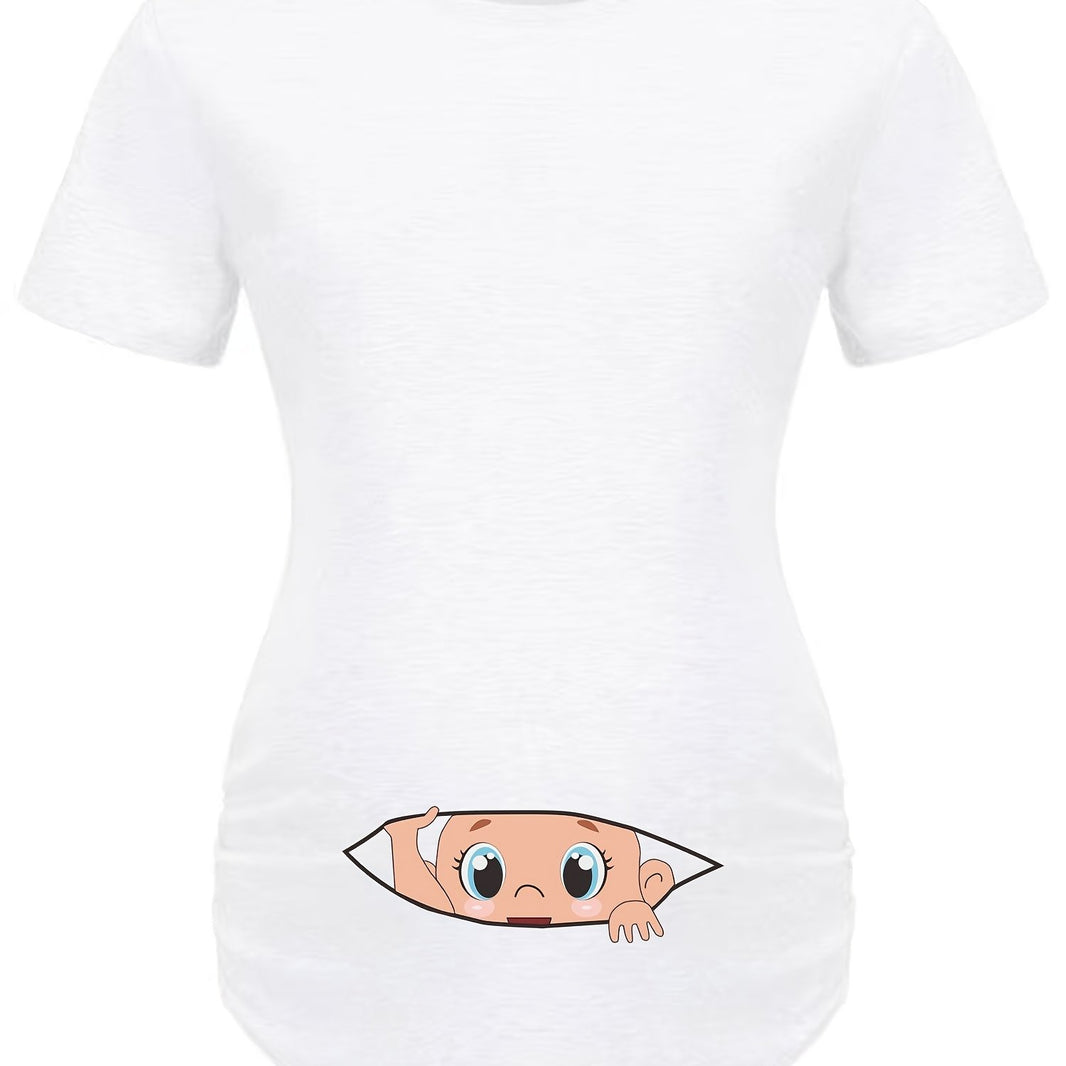 Letter Printed Short-sleeved Maternity Wear Black T-shirt with Big-eyed Baby Pattern
