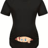Letter Printed Short-sleeved Maternity Wear Black T-shirt with Big-eyed Baby Pattern
