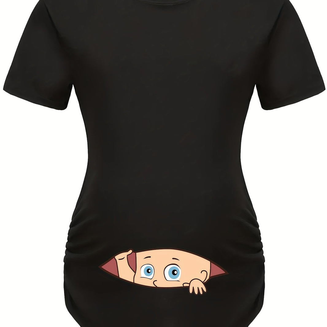 Letter Printed Short-sleeved Maternity Wear Black T-shirt with Big-eyed Baby Pattern