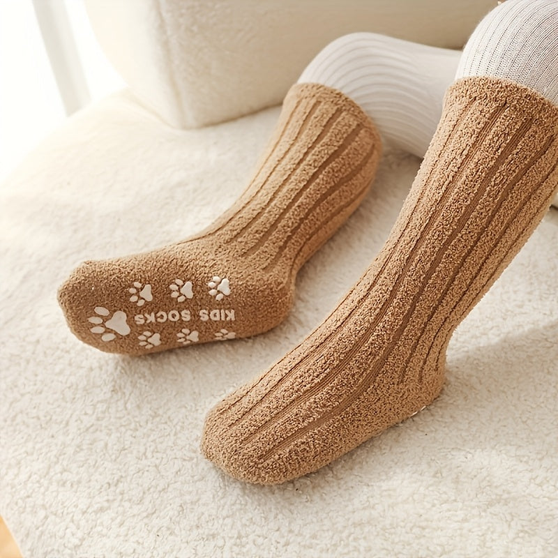 5 Pcs Cozy Coral Fleece Youngsters Socks - Warm, Thick Winter High Socks with Non-Slip Dots | Machine Washable in Vibrant Colors (Pink, Blue, Yellow, Orange, Brown) | Cute Paw Print Design for Youngsters