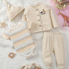 4-Piece Beige Baby Boy Outfit Set – Cartoon Deer Long-Sleeve Jacket, Hoodie, Hat & Pants, 0-9 Months, Lightweight Spring/Summer
