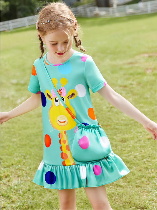 Girls’ Colorful Polka Dot Giraffe Print Dress & Bag Set – Adorable Short Sleeve Ruffle Hem Outfit for Summer, Perfect for Parties & Playdates, Ideal Gift for Little Girls - Kidzy Market