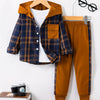 Khaki Japanese Retro Plaid Two-Piece Set — Hooded Long-Sleeve Workwear Shirt Jacket & Side-Check Trousers for Men & Boys