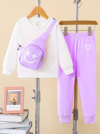 Girls 3pcs Trendy Set - Solid Sweatshirt, Jogger Pants, and Bag - Kids Autumn Outdoor Sports Clothes - Kidzy Market