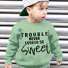 Boys Fleece-Lined Sweatshirt - 'Trouble Never Looked So Sweet' Graphic Crewneck Long Sleeve Pullover, Black, Cozy Fall/Winter