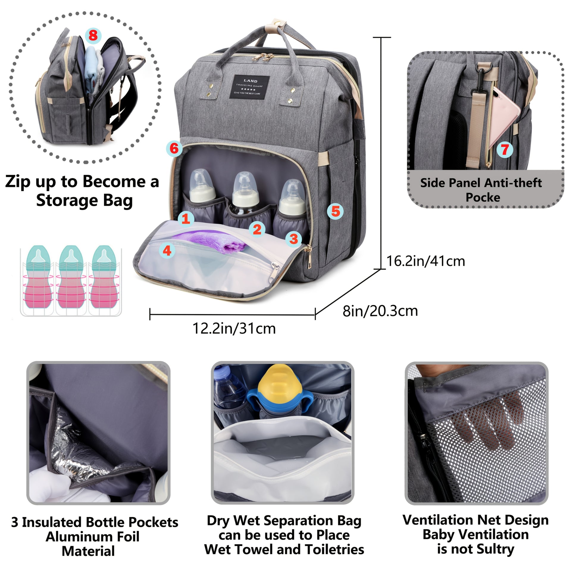 Lamroro Multifunctional Diaper Backpack with Changing Station - Soft Shell Polyester Daypack for Travel & Preschool, Zipper Closure, Mirror Embellishment, Stash Pocket, Striped Pattern, Perfect Gift - Kidzy Market