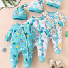 6pcs Baby Footed Onesie Set with Hat – Starry Sky, Dinosaurs & Cosmic Patterns (Soft Polyester Blend, All Seasons, Outdoor Wear)