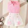 Toddler Girls 2-Piece Summer Outfit - Sleeveless V-Neck Top & Floral White Shorts, 0-3 Years