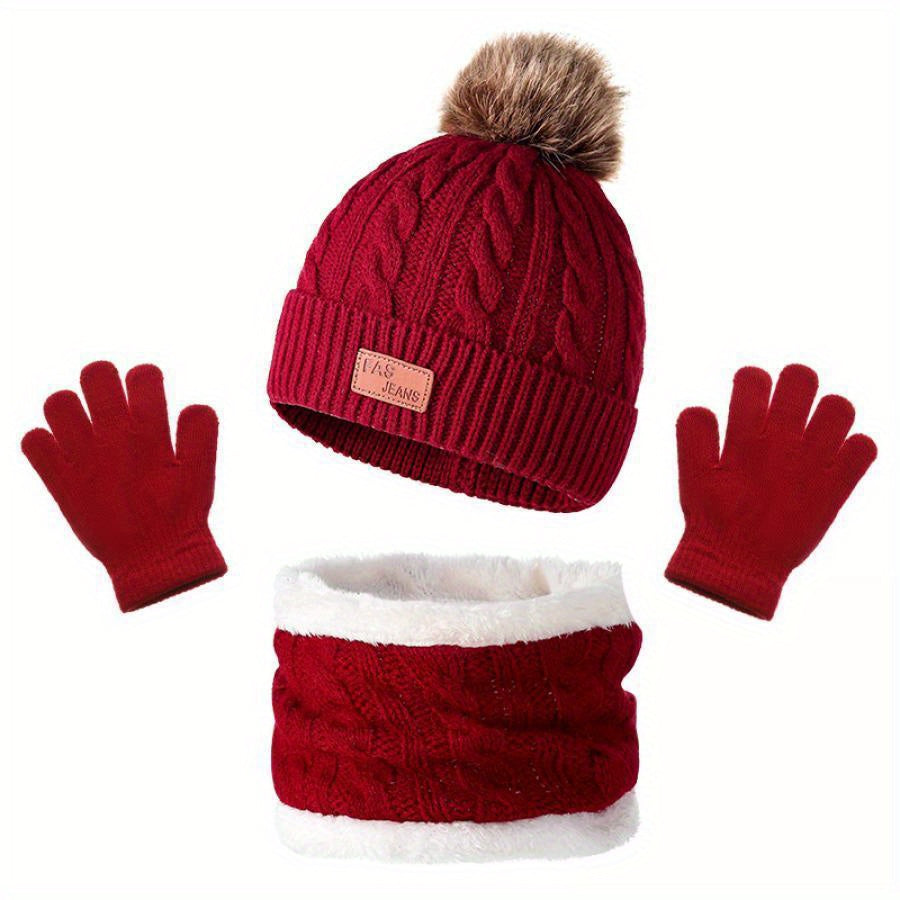 Cozy Youngsters' Gray Knit Hat, Scarf & Gloves Set – Stretchy, Warm Acrylic Blend with Cable Knit Pattern – Perfect for Winter - Kidzy Market