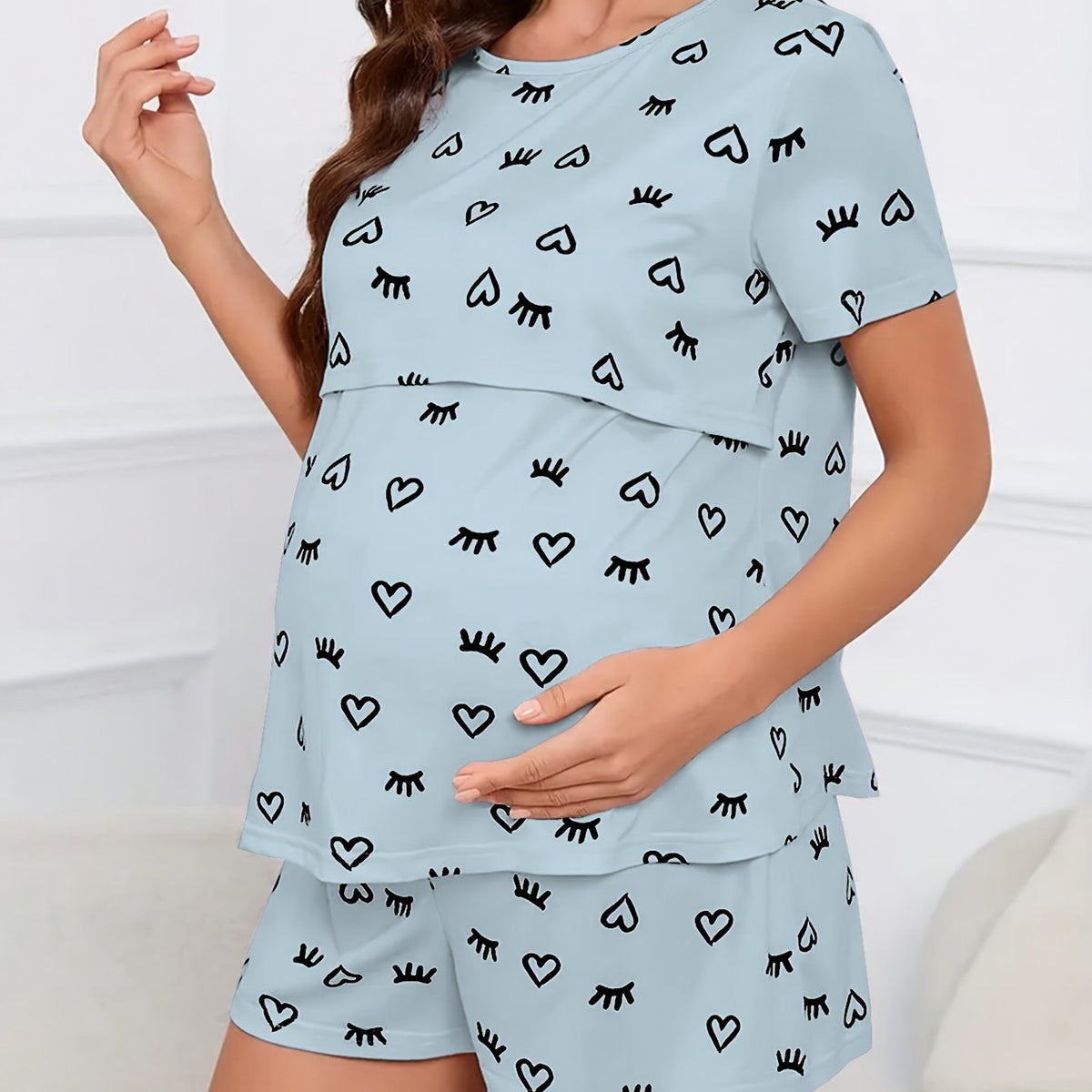 Heart Print Maternity Loungewear Two-Piece Set — Short Sleeve Top & Shorts, Polyester Blend, Casual Comfortable – view 15
