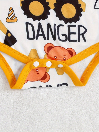 3pcs Baby Outfit Set – Cartoon Bear & Excavator Print, Knitted Fabric Romper, Beanie & Pants (Fall/Winter, Regular Fit)