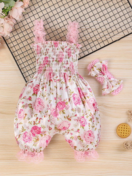Baby Girl Floral Print Romper – Thin Strap Bodysuit with Headband (Outdoor Summer Outfit, 0-24 Months)