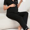 Maternity Patchwork Loungewear Set with Color-Block Hemmed Pockets - V-Neck Short Sleeve Stretch Pajama Set