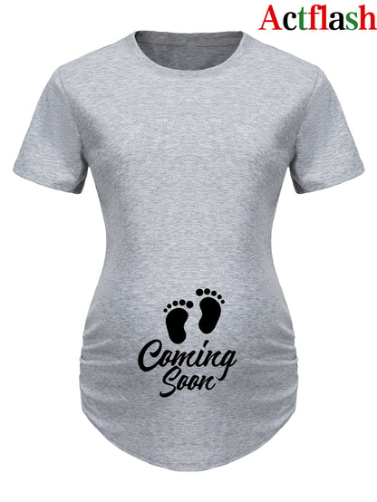 Maternity Casual Cartoon Cute Footprint Print Short Sleeve Slim Fit T-shirt For Summer Pregnancy Gift