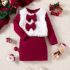 2-Piece Baby Girl Outfit Set (0-3 Years) — Long-Sleeve Knit Dress & Fuzzy Jacket Vest, Cute Fall/Winter Holiday Outfit