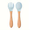 2PCS Silicone Feeding Set – Durable Spoon & Fork with Wooden Handle, BPA-Free Self-Feeding Utensils for Toddlers & Babies