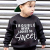 Boys Fleece-Lined Sweatshirt - 'Trouble Never Looked So Sweet' Graphic Crewneck Long Sleeve Pullover, Black, Cozy Fall/Winter