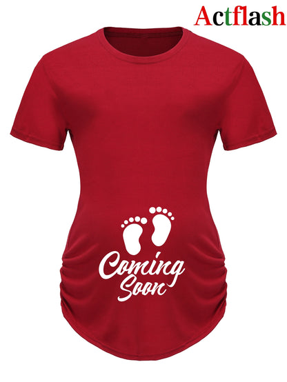 Maternity Casual Cartoon Cute Footprint Print Short Sleeve Slim Fit T-shirt For Summer Pregnancy Gift