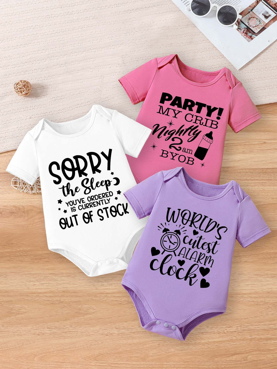 3pcs Cute Baby Girl Rompers – “Sorry, Party My Crib” & Fun Letter Prints – Short Sleeve Summer Bodysuits in White, Pink, Purple – Soft & Breathable Elastane/Polyester – Machine Washable, Perfect for Outdoor Wear