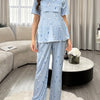 2-Piece Maternity Nursing Pajama Set – Soft Stretch Short-Sleeve Popover Top with Wavy Hem & Floral Print, Long Lounge Pants